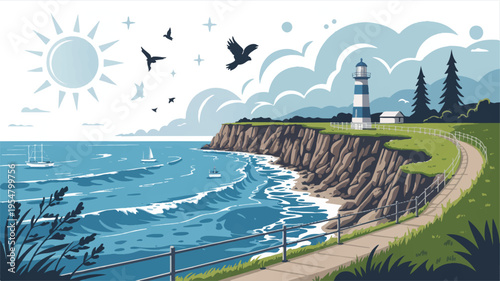 Illustration of a coastal cliff with a lighthouse, sailboats, and birds under a sunny sky
