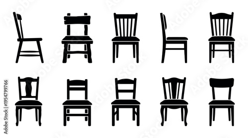 Collection of black chair silhouettes shown from various angles, including front, side, and partial views, on a clean white background for versatile design use.