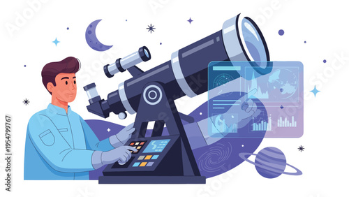 Observing the Cosmos: An individual immersed in the cosmos, meticulously operates a sophisticated telescope, unlocking the mysteries of the universe, and contemplating distant galaxies.