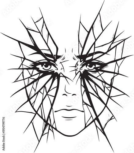 Vector illustration of shattered face with broken lines and eyes
