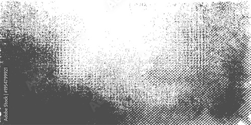 A vintage halftone map of the world features a dirty grunge texture and ink splatters on a black and white vector background with a gray paint frame