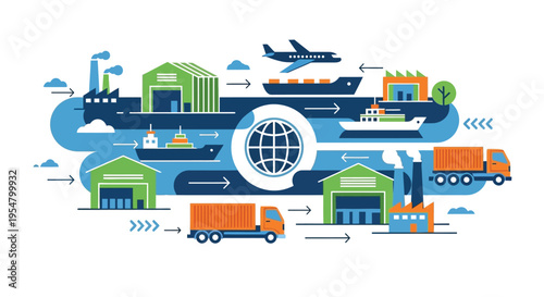 Global supply chain and logistics vector illustration with shipping containers and transportation modes