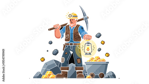 Mining the Riches: A determined miner, equipped with a pickaxe and lantern, stands amidst a scene of unearthed gold and rugged stones, embodying the spirit of industry and the pursuit of treasure.
