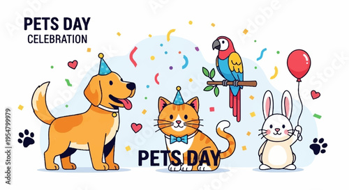 Pets day celebration with dog cat parrot and rabbit in party hats