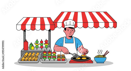 Street food vendor cooking delicious meals on a busy market stall with various food items