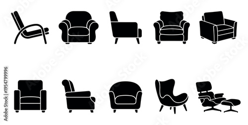 A set of black silhouette icons representing diverse armchair styles, presented on a clean white background, ideal for design and interior decoration concepts.