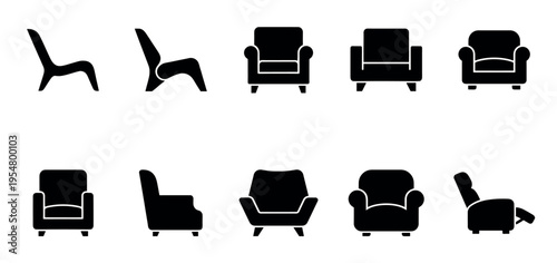 A compilation of silhouette icons depicting various armchair designs, showcasing different styles from modern to classic, ideal for interior design and furniture concepts.
