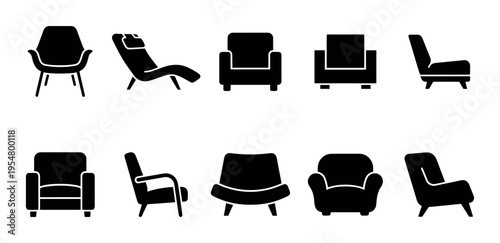 Collection of diverse black chair silhouettes in a minimalist vector illustration style, perfect for interior design or furniture concepts.