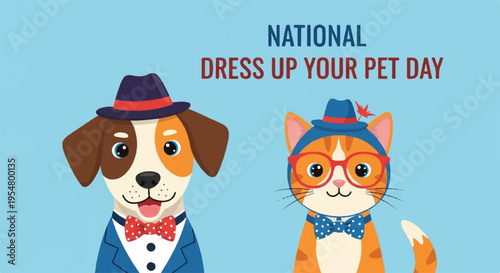 Dressed up dog and cat in hat and bow tie on national dress up your pet day with fun accessories