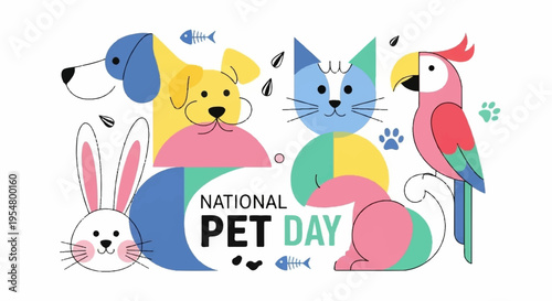 Colorful pets celebrate national pet day with animals and symbols