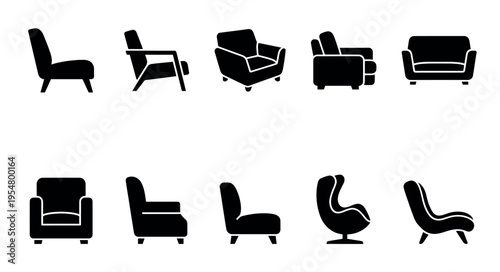A collection of ten black silhouette icons representing various chair styles set against a clean white background, ideal for design and illustration.