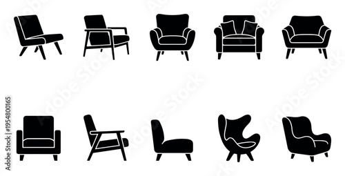 A collection of black silhouette icons featuring various armchair styles, perfect for interior design, furniture, or architectural visualizations.