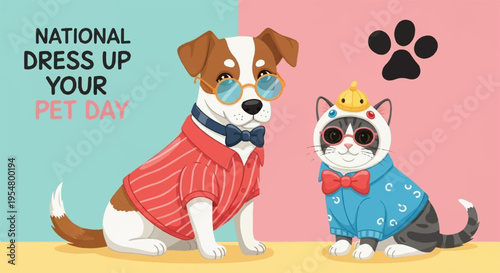 Dressed up dog and cat wearing sunglasses and costumes for national dress up your pet day