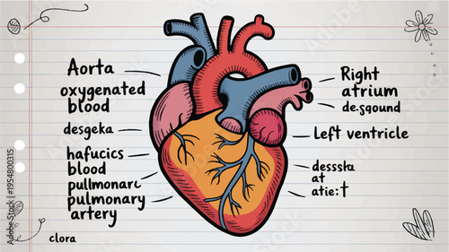 A hand-drawn medical illustration of a human heart on lined notebook paper 