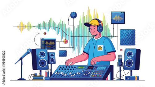 Audio Engineer in Action: A skilled audio engineer meticulously crafts soundscapes, expertly manipulating a mixing console, headphones, and microphones to capture, shape, and perfect audio. 