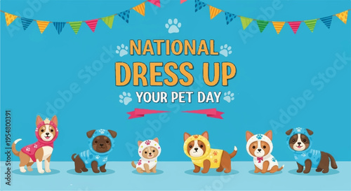 Dressed up dogs celebrate national dress up your pet day with colorful costumes and festive decorations