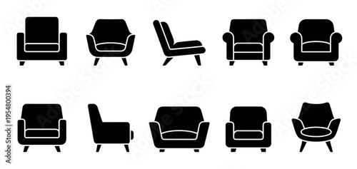 A clean graphic design presents a collection of black armchair silhouettes from various angles against a white background, ideal for interior design or furniture concepts.