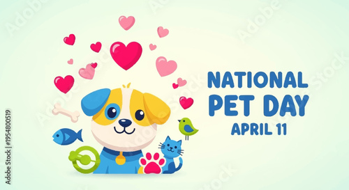 Colorful cartoon dog surrounded by hearts and pets on national pet day