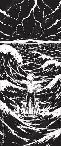 Vector illustration of man on lighthouse in stormy sea with lightning