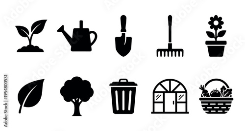 Collection of black and white vector icons representing various gardening and nature elements like plants, tools, and harvest.