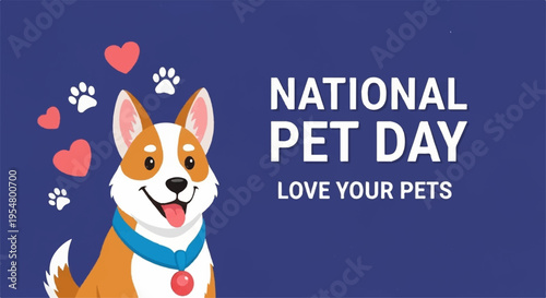 Corgi dog with hearts and paw prints on national pet day