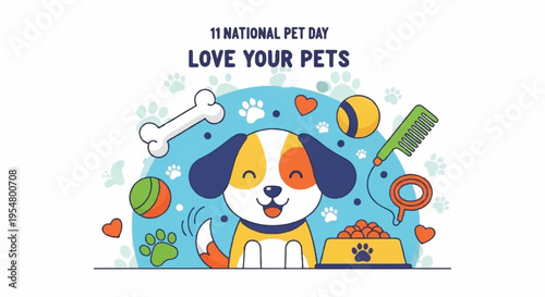Happy dog surrounded by pet toys and treats on blue background with paw prints and symbols
