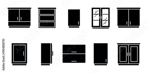 A collection of black silhouette icons representing various kitchen cabinets and storage units, perfect for design projects related to home interiors and organization.
