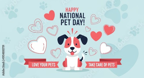 Cute dog illustration with hearts for national pet day love and care concept