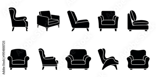 A clean vector graphic collection showcasing various armchair silhouettes in black and white, displayed from different angles for design versatility.