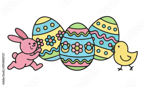 Cartoon Easter Bunny and Chick with Decorated Eggs Illustration
