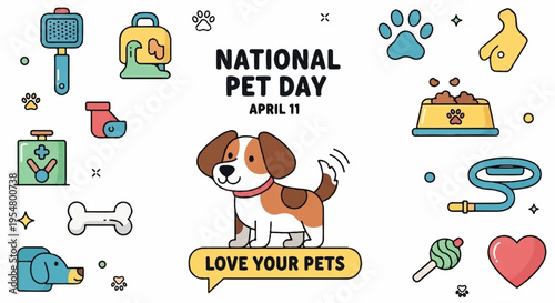 National pet day illustration with dog and pet accessories on white background