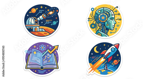 A collection of four vibrant circular stickers illustrating various scientific and technological concepts, including astronomy, artificial intelligence, education, and space exploration.