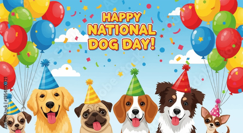 Happy national dog day celebration with colorful balloons and party hats on dogs