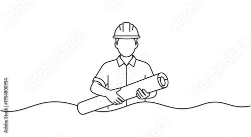 Engineer Architect holding blueprint continuous line art