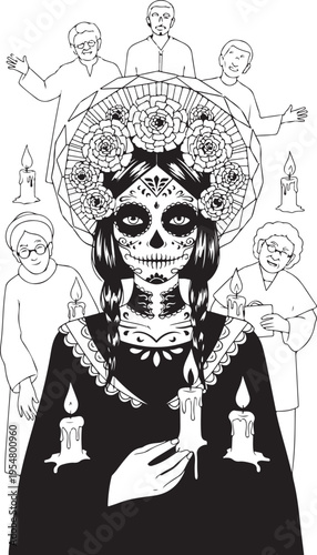 Vector illustration of sugar skull woman with candles and people in background