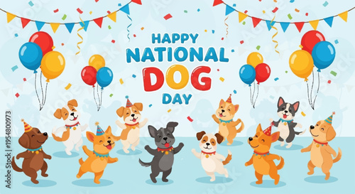 Happy national dog day celebration with dancing dogs and colorful balloons