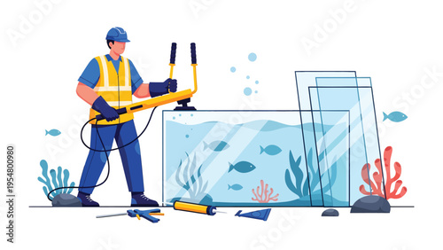 Aquarium maintenance: A worker in protective gear carefully maintains an aquarium with precision and expertise. The scene shows careful attention to detail.