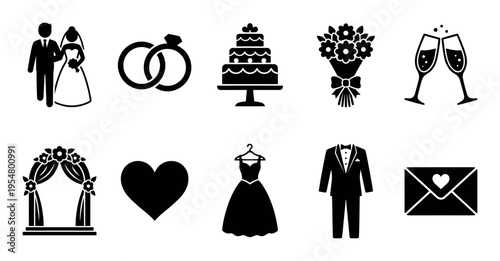 Collection of wedding icons including a couple, rings, cake, flowers, champagne, altar, heart, dress, suit, and envelope representing marriage and celebration.