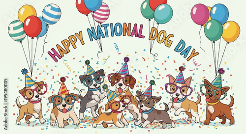 Dogs celebrate national dog day with colorful balloons and party hats on light background