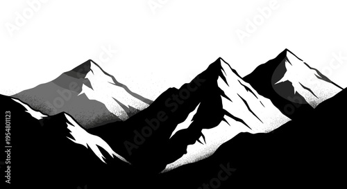 Monochrome ink painting depicting a series of majestic mountains with sharp peaks against a stark white background, showcasing bold contrasts and minimalist style