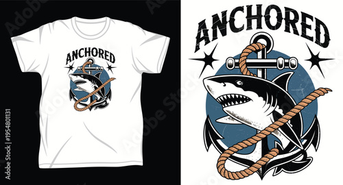 Anchored shark nautical vector illustration with anchor and rope for t-shirt design