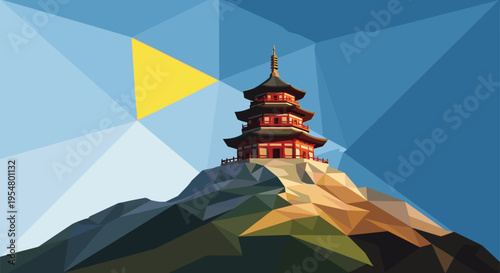 Colorful geometric illustration of a pagoda atop a stylized mountain with angular shapes and vibrant hues