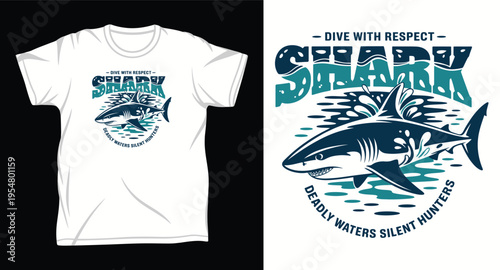 Dive with respect shark hunting in water vector typography t-shirt design