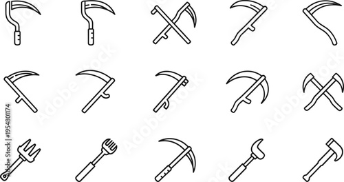 Farming tools icons set with scythe sickle rake and hammer line art vector illustration