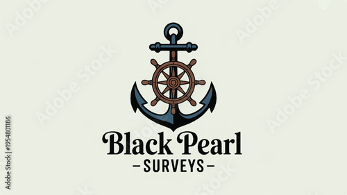 A nautical logo design featuring a large dark blue anchor with a detailed brown ship's wheel integrated into its center 