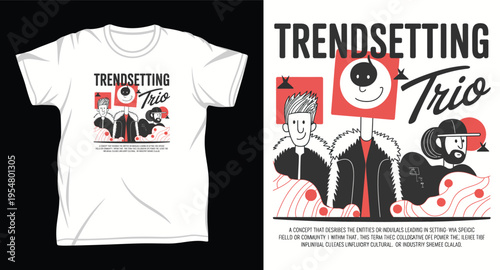 Modern cartoon trio character design for apparel with red square and line art elements