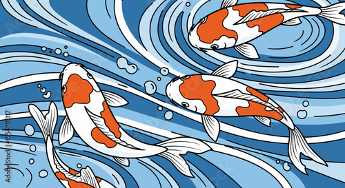 Vibrant koi fish swimming gracefully in a swirling blue pond, showcasing dynamic patterns and movement in a stylized illustration