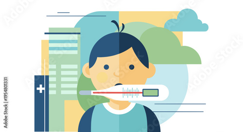 Illustration of a child holding a digital thermometer in their mouth, surrounded by abstract shapes and soft pastel colors, conveying a medical theme