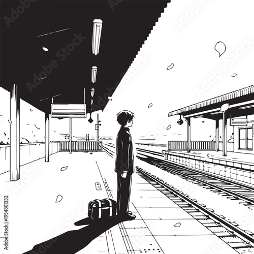 Vector illustration of a man with luggage standing on a train station platform in black and white