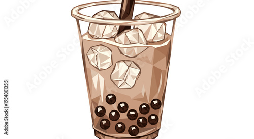 Illustration of a refreshing bubble tea with tapioca pearls and ice cubes in a transparent cup with a straw, set against a white background